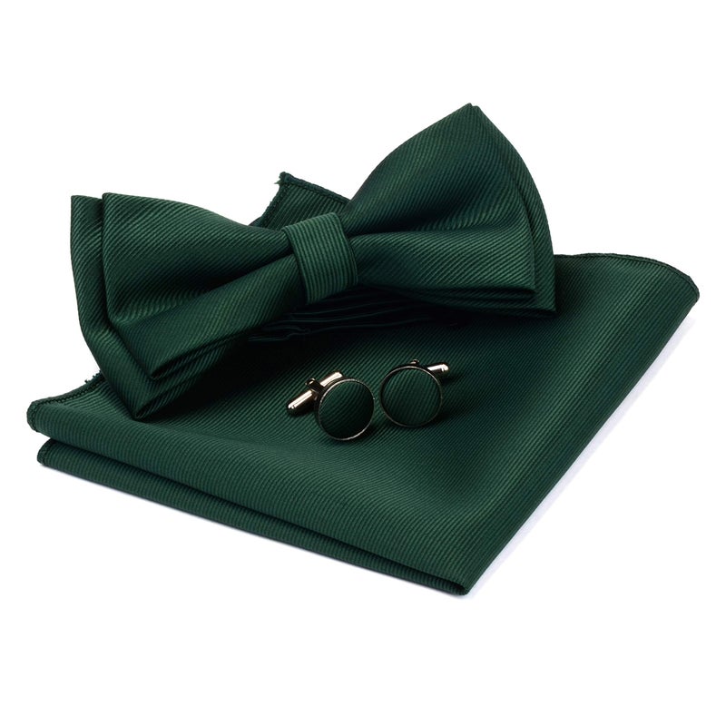GUSLESON Dark Green Pre-tied Bow Tie Solid Bow Ties Adjustable Length Bowtie and Pocket Square Cufflink Sets (0577-02) - Image 1